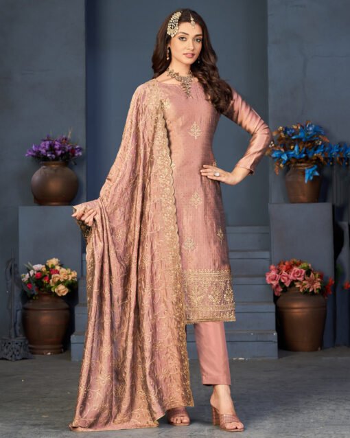Fine Peach Color Embroidered Work Suit With Dupatta
