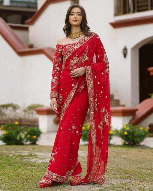 Dignified Red Color Embroidered Wedding Saree For Party