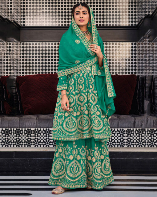 Best Green Color Palazzo Style Suit With Matching Dupatta