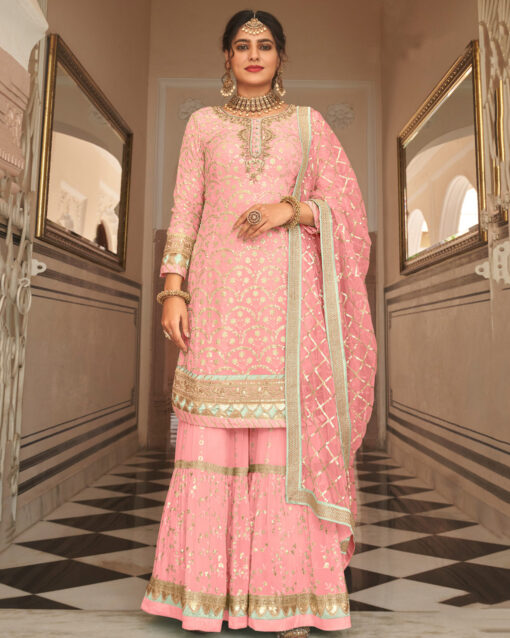 Paramount Pink Color Palazzo Sharara Style Suit With Dupatta