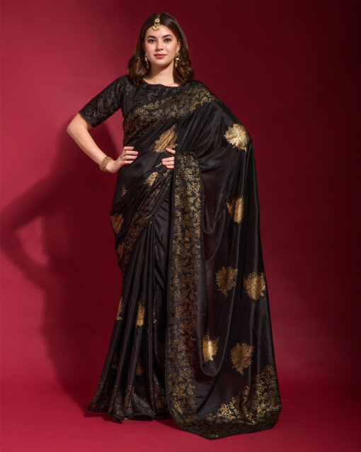 Voguish Black Color Foil Printed Saree With Matching Blouse