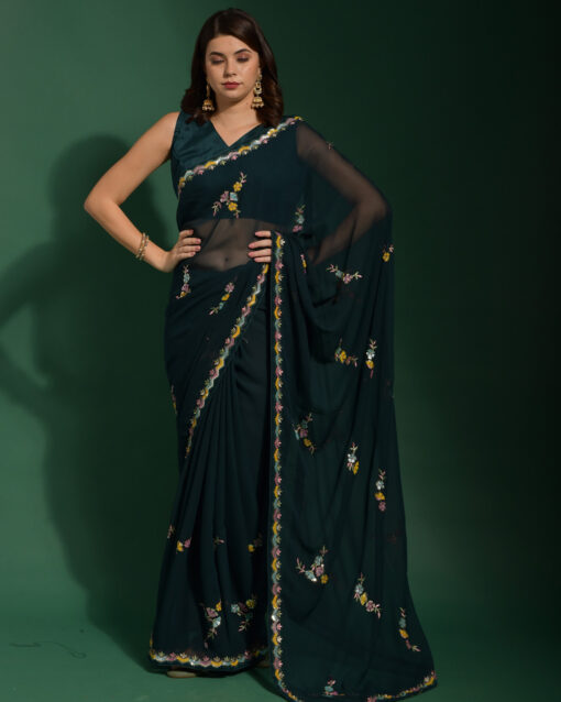 Astounding Embroidered Georgette Saree With Matching Blouse