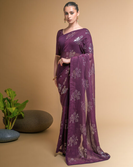 Gilded Purple Color Georgette Wedding Wear Saree For Wedding