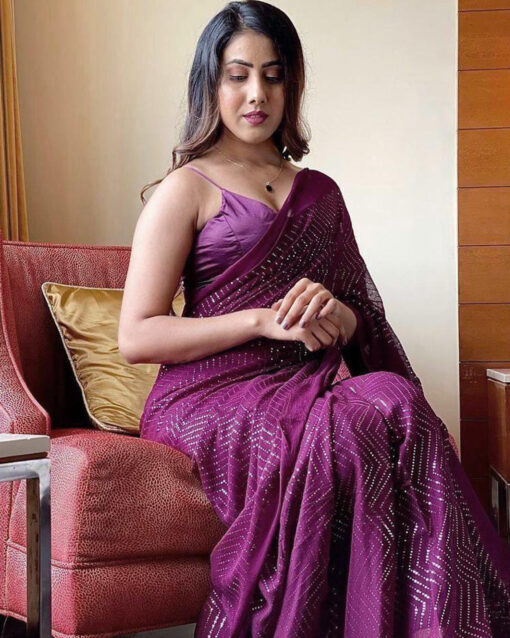 Exceeding Purple Color Saree For Party With Matching Blouse