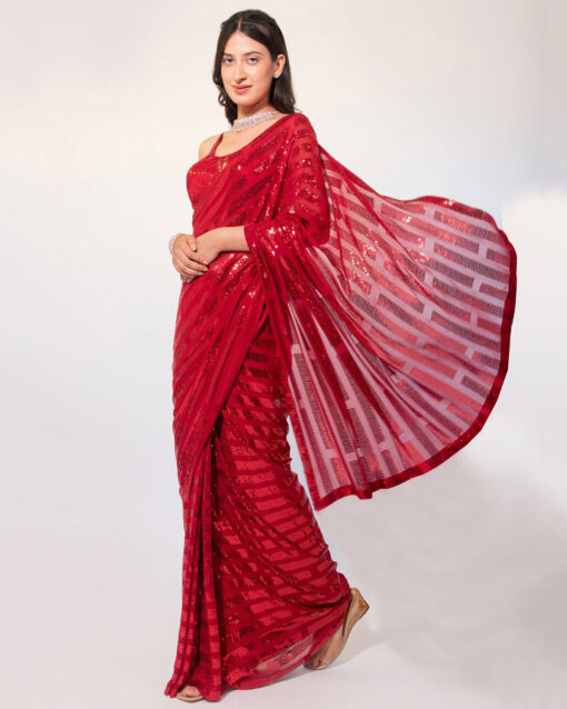 Cute Red Color Sequins Work Georgette Saree For Wedding