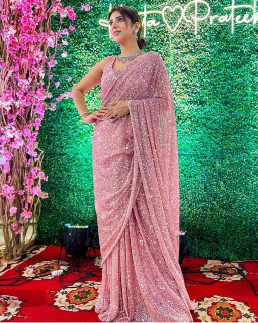 Captivating Pink Color Sequins Work Saree With Blouse