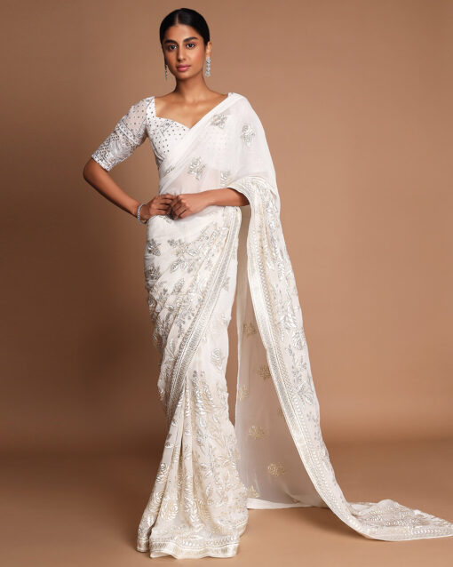 Trendy White Color Georgette Saree With Matching Blouse