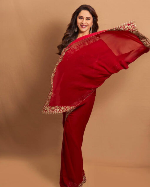 Lustrous Red Color Madhuri Dixit Georgette Party Wear Saree With Fancy Blouse