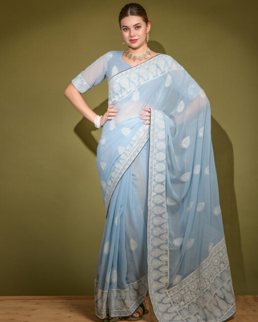 Bewildering Turquoise Color Party Wear Saree For Party