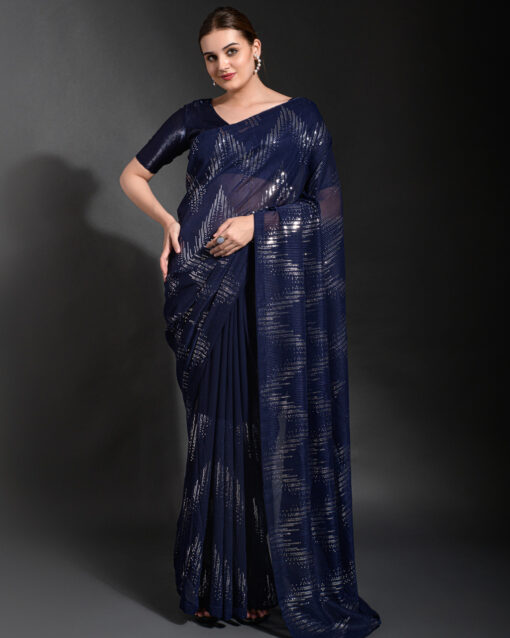 Tiptop Navy Blue Color Georgette Saree With Matching Blouse