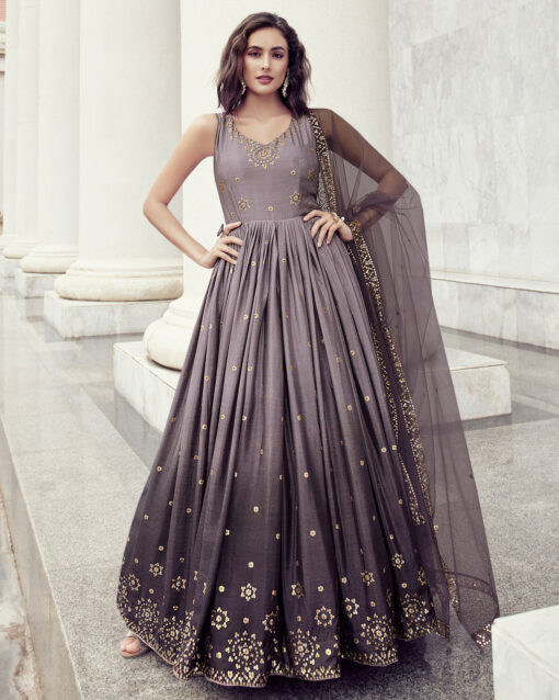Versatile Grey Color Sequins Work Gown For Party Function