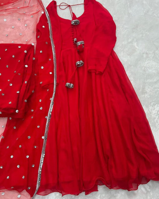 Attractive Red Color Georgette Readymade Suit For Wedding