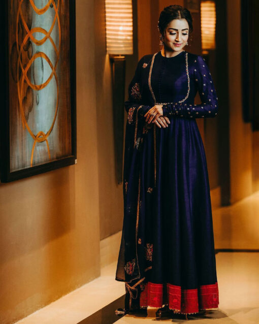 Princely Navy Blue Color Resham Work Long Readymade Gown