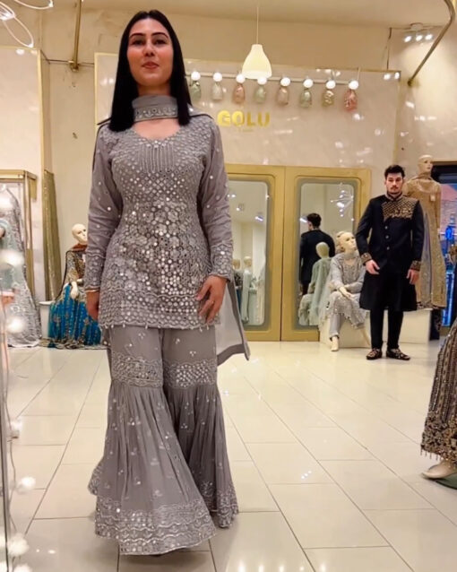 Beautiful Grey Color Georgette Sharara Style Readymade Suit With Bottom And Dupatta