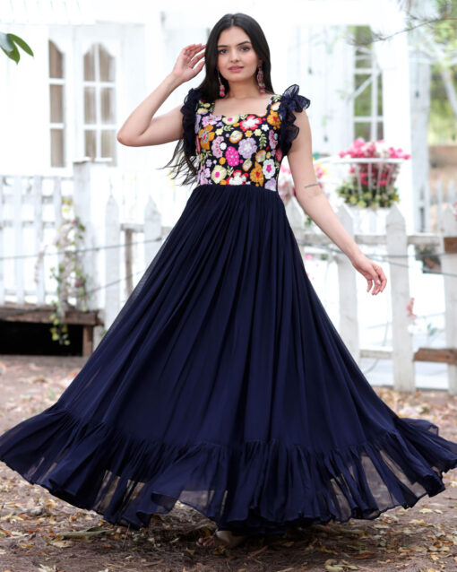 Sonorous Navy Blue Color Georgette Designer Long Length Readymade Gown For Party