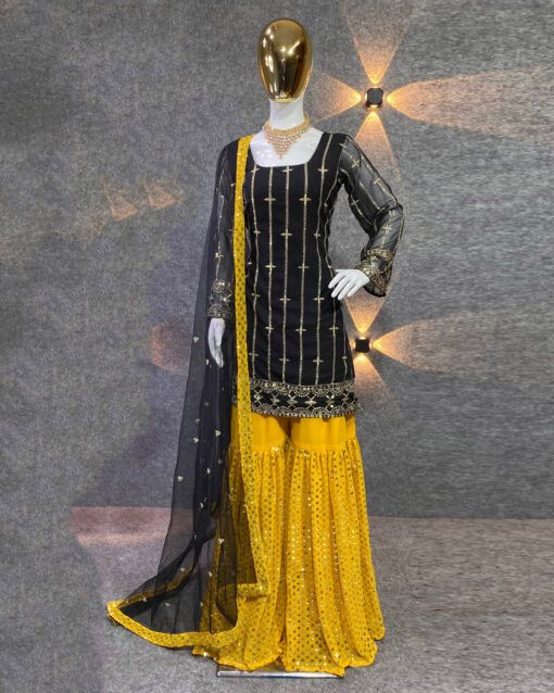 Debonair Black Color Georgette Designer Sharara Style Readymade Suit For Wedding