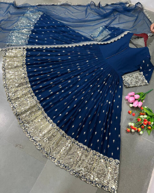 Competent Navy Blue Color Resham Enhanced Long Length Designer Readymade Gown