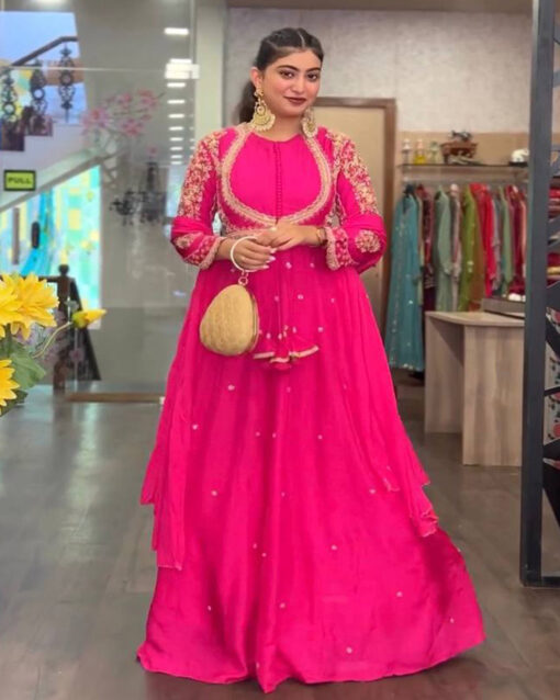 Adorning Rose Pink Color Georgette Long Length Readymade Suit For Party
