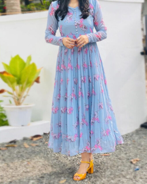 Subtle Light Blue Color Digital Printed Readymade Anarkali Suit With Contrast Dupatta