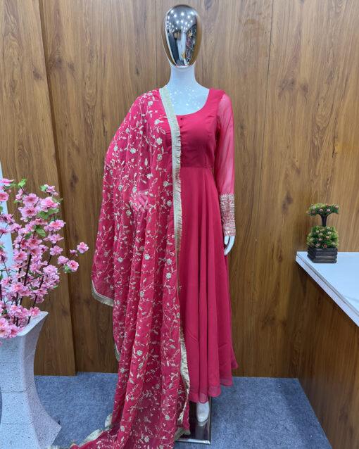 Picturesque Rose Pink Color Georgette Long Length Readymade Suit With Dupatta