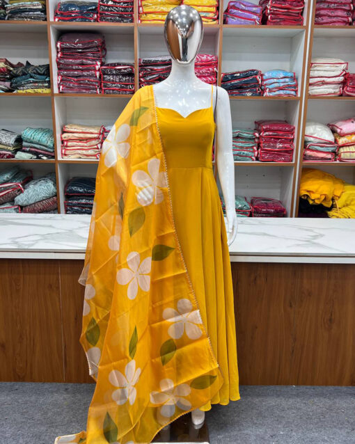 Desirable Mustard Color Georgette Floor Length Readymade Gown With Dupatta