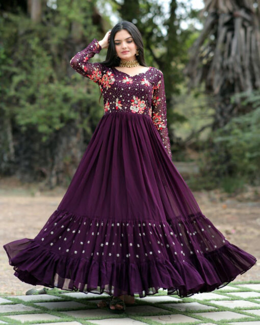 Cherubic Purple Color Embroidered Designer Long Length Readymade Gown