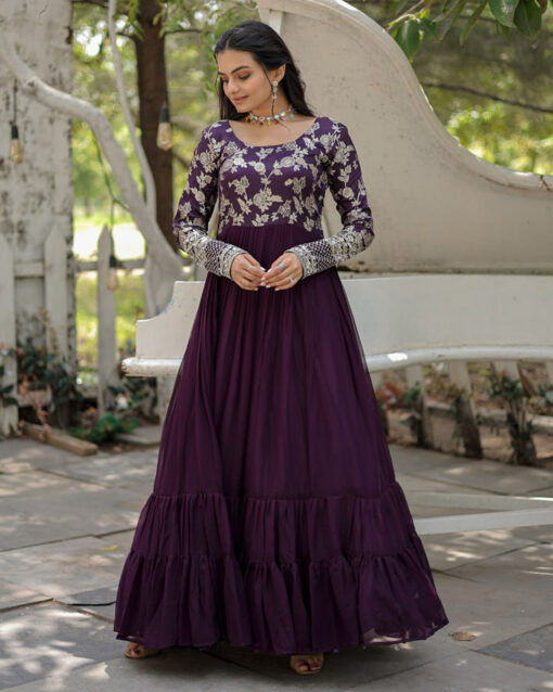 Dignified Purple Color Embroidered Georgette Designer Long Length Readymade Gown