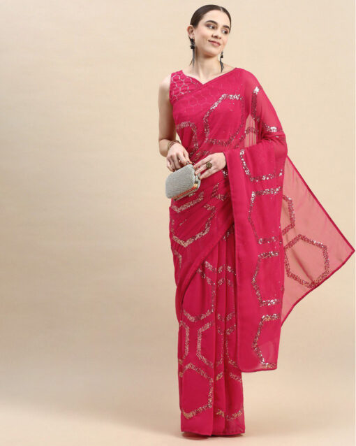 Mesmerizing Rose Pink Color Sequins Enhanced Party Wear Saree For Party