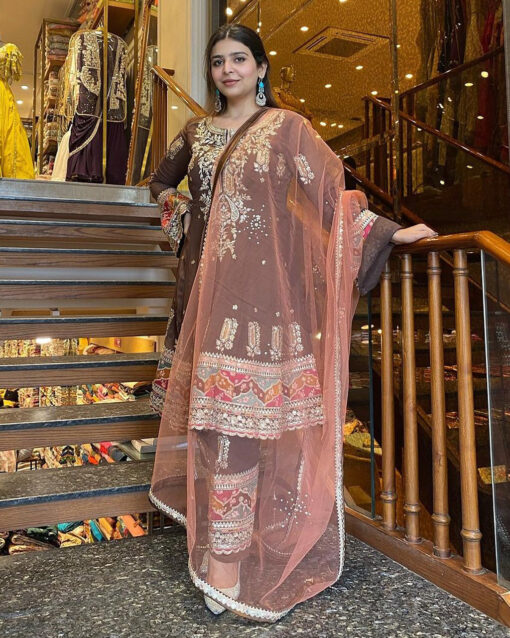 Modest Embroidered Georgette Readymade Straight Suit With Contrast Dupatta