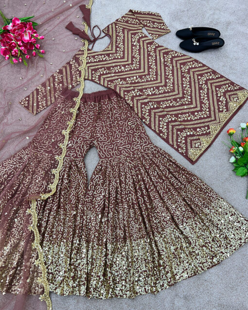Topnotch Maroon Color Georgette Sharara Style Readymade Salwar Suit