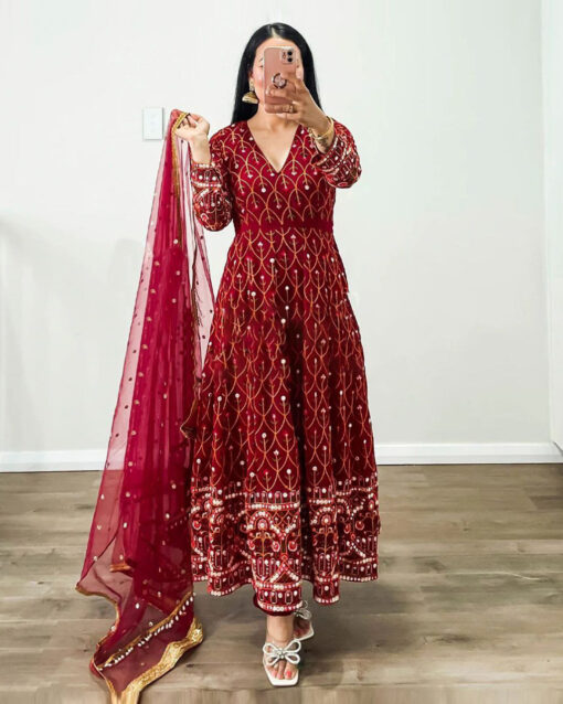 Sonorous Red Color Velvet Straight Readymade Salwar Suit With Fancy Dupatta
