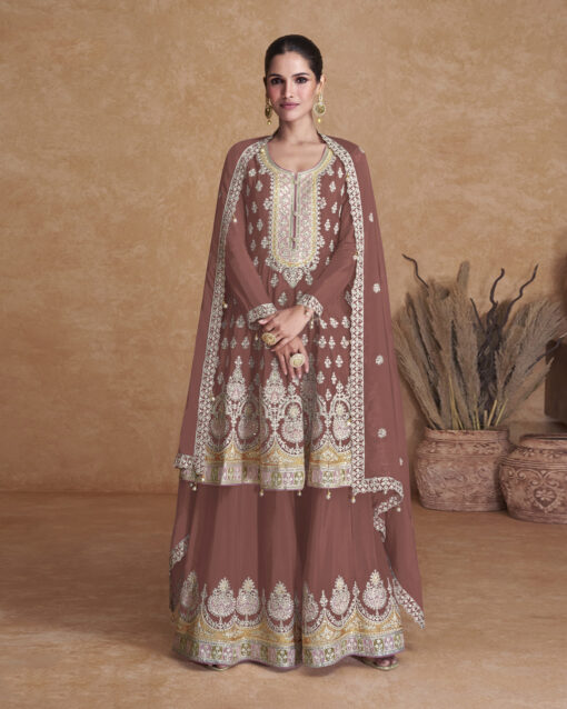 Energetic Brown Color Resham Enhanced Straight Party Wear Suit For Wedding